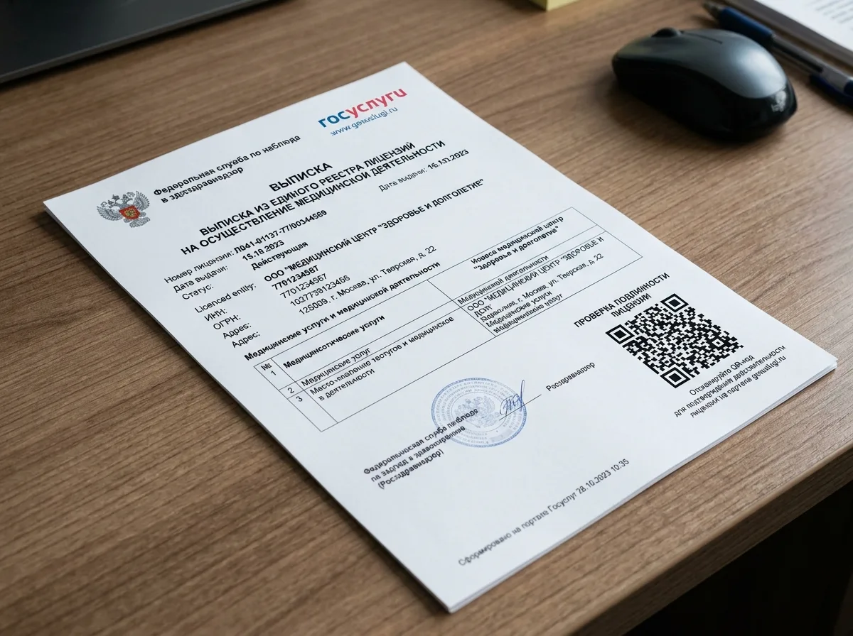 Выписка из реестра лицензий Росздравнадзора — официальная распечатка с портала государственных услуг, QR-код проверки подлинности лицензии