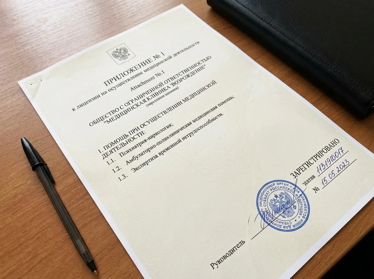 Приложение к лицензии на медицинскую деятельность наркологической клиники — перечень разрешённых видов медицинских работ, официальный документ с синей печатью